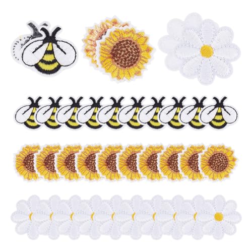 DELORIGIN 40 Stück Bügeln auf Patches Mit Bienen Sonnenblumen, 3 Stilen Patches zum Aufbügeln Stickerei Kleidungsdekoration Blumenapplikation Kleidung Bügelflicken Gänseblümchen Abzeichen Für Kleidung von DELORIGIN