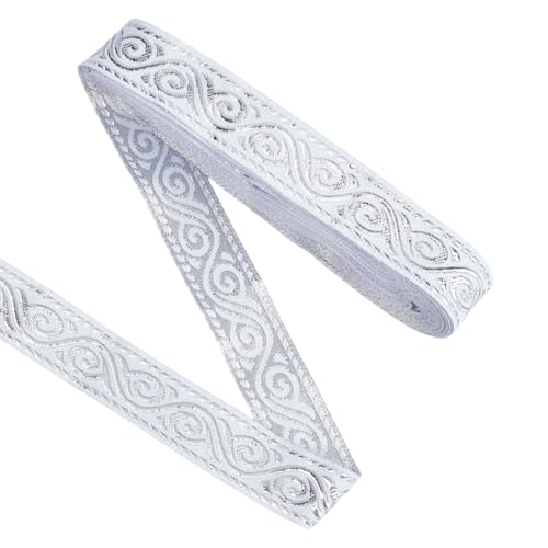 DELORIGIN 7 m Jacquardband Im Ethno Stil 20mm Borten und Bänder zum Nähen Jacquardband Polyester Stoffbesatz Besticktes Gewebtes Spitzenband Zum Nähen von Kleidung Taschen Party Dekoration Silberweiß von DELORIGIN