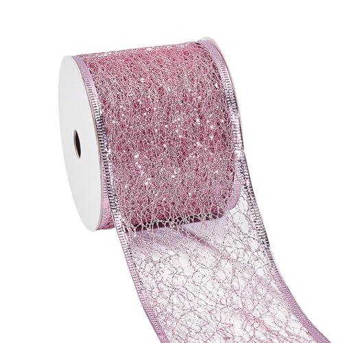 DELORIGIN 9 m Funkelndes Glitzernetz Drahtband Rosa Metallisches Netzband 63mm Weihnachtsgeschenkband Pailletten Drahtrand Tüllrolle Spulennetz Für Weihnachtsgeschenkverpackungen Schleifen Hochzeiten von DELORIGIN