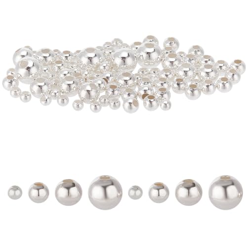 DELORIGIN 95 Stück 925er-Sterlingsilber-Perlen, Schmuckherstellung, 3 mm, 4 Größen, glatte runde Perlen, nahtloser Kugel-Abstandhalter, S925 Silber, lose runde Perlen für DIY-Halsketten, Armbänder, von DELORIGIN