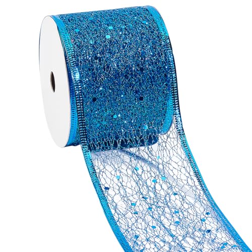 DELORIGIN 9m Funkelndes Glitzernetz Drahtband Blaues Metallisches Netzband 63mm Borten Und Bänder Zum Nähen Pailletten Drahtrand Tüllrolle Spulennetz Für Weihnachtsgeschenkverpackungen Schleifen von DELORIGIN