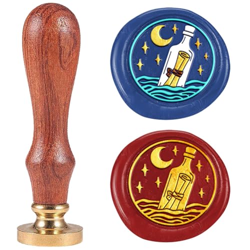 DELORIGIN Dreamy Drift Bottle Wax Seal Stamp Embossed Stamp Sealing Removable 2.5cm Brass Wax Seal Stamp Head with Wooden Handle Moon Sea Sealing Wax for Wedding Invitations Envelopes Gift Packing von DELORIGIN