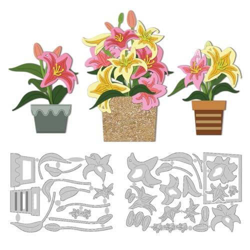 DELORIGIN Potted Lily Stanzschablone Blumenkarten-Overlay-Stanzform aus Karbonstahl, Stanzschablonen für Karten, Scrapbooking, Prägeschablone für Bastelarbeiten, Kartenalben, Geschenkdekoration von DELORIGIN