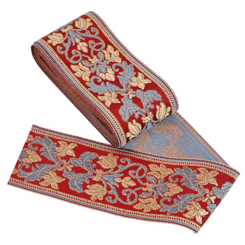 DELORIGIN Rotes Boho Jacquardband Blumenband 5 M Ethnische Stickerei Polyester Flache Borte 61 Mm Borten und Bänder zum Nähen Gewebtes Spitzenband Zum Nähen von Kleidung Taschen Hüten Geschenken von DELORIGIN