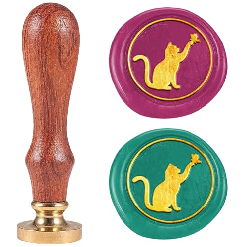 DELORIGIN Siegelstempel Aus Wachs Im Retro Stil Mit Katze Und Schmetterling 25mm Abnehmbarer Siegelstempelkopf Aus Messing Mit Holzgriff Stempel Für Geschenkpapier Umschläge Grußkarten Dekoration von DELORIGIN