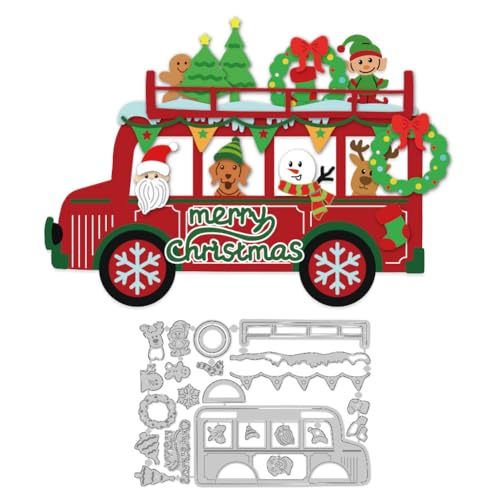 DELORIGIN Weihnachts Bus Stanzformen Metall Schneemann Stanzformen Kartenherstellung Stanzformen Prägeschablonen Rahmen Stanzschablonen Neuheiten 2024 Für DIY Prägungen Scrapbooking Bastelkarten von DELORIGIN