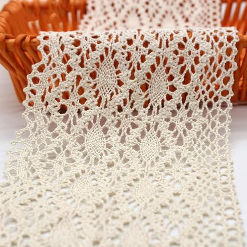 Beige Farbe, 5 Yards/Lot, 10,5 cm breit, hohle Blumenspitze, schöne Baumwollspitze für handgefertigte Bastelarbeiten, Bettwäsche, Vorhänge, Bekleidung, Dekor von DENGG