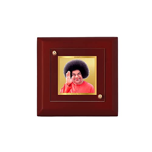 DENMOUS Satya Sai Wand-Bilderrahmen, 24 Karat vergoldete Folie, Tischdekoration, MDF 1A Holz-Bilderrahmen und religiöser Bilderrahmen, Idol für Pooja, Geschenkartikel (9,5 x 9,5 cm), klein, Edelstein von DENMOUS