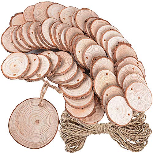 50 Stück Holzscheiben 5-6cm rund + 10 Meter Juteschnur Holz Deko Basteln Baumscheiben Natur zum Basteln Bemalen für DIY Handgemachte Hochzeit Handwerk Weihnachten Dekoration von DEOMOR