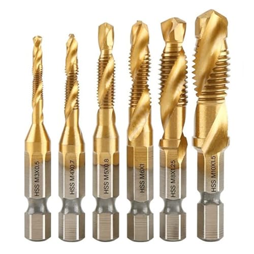 6 Stück HSS-Bohrer mit 1/4-Zoll-Sechskantschaft, metrisches Gewinde, Konus-Set M3/M4/M5/M6/M8/M10 for Schneiden von Weichmetall-Aluminiumplatten(Gold) von DEPYEE