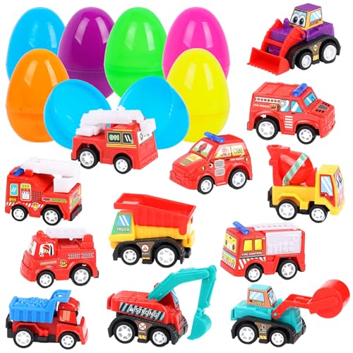 DERAYEE 12 Stück Spielzeug Gefüllt,Ostereier Auto Spielzeug,Vorgefüllte Ostereier,Osterkorb Füllstoffe, Ostern Fahrzeuge, Kinderspielzeug,Ostern Geschenke Kinder, Party Geschenk von DERAYEE