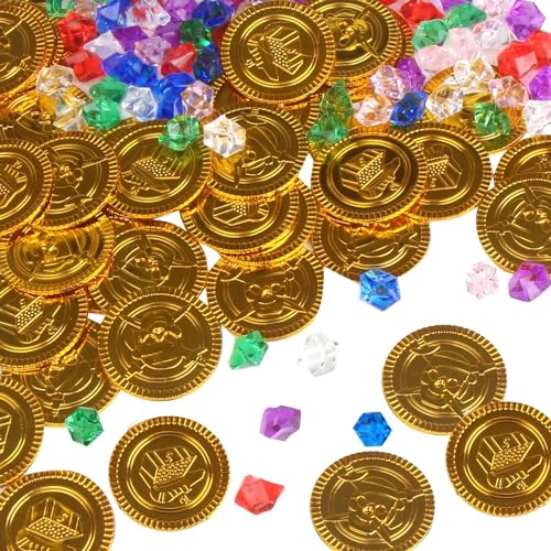 DERAYEE 144PC Piratenschatz Spielzeug Kinder 72Goldmünzen plus 72 Edelsteine Piraten Deko für Kindergeburtstag Party Mitgebsel,Spielset, Partyzubehör, Dekorationen von DERAYEE