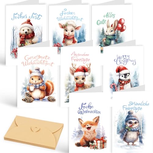 DERAYEE 16 Pcs Weihnachtskarten,15,2x10,2cm Klappkarten mit Umschlägen,Weihnachten Tier Grußkarte für Weihnachtsgeschenke Kinder von DERAYEE