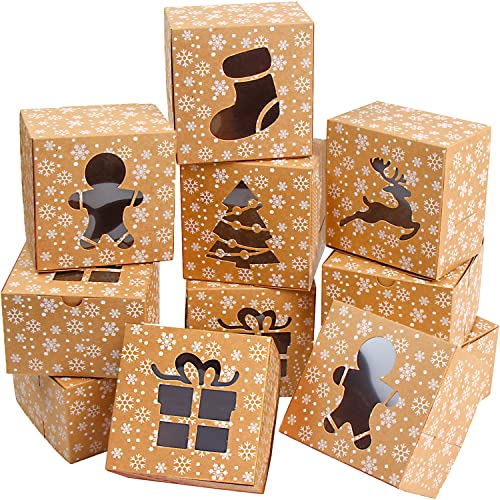 DERAYEE 24 Stück Weihnachts-Plätzchenschachteln mit Fenster, Feiertags-Bäckerei-Geschenkboxen für die Verpackung, kleine Plätzchendosen aus Kraftpapier von DERAYEE