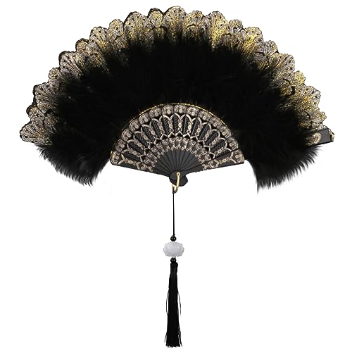 Damen Fächer Feder, Embroidered Flower Marabou Feather Fan, Marabou Federfächer, 1920er Jahre Vintage Faltbar Handheld Handfächer, 20er Jahre Gestickte Blume Folding Feather Fan für Hochzeit Halloween von DERJDISF