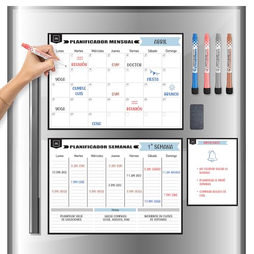 DESK GLOBAL - Packung mit 2 magnetischen Monats- und Wochen-Kühlschränken (42 x 30 cm) + kleine Magnettafel + 4 Filzstifte + Radiergummi - Spanischer Planer - Kalenderboard 2025 von DESK GLOBAL