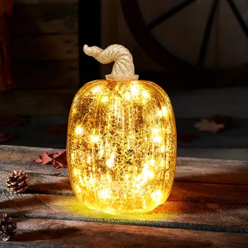 DETENE Herbstdeko Kürbis Deko Goldener Halloween Glas Kürbis Erntedank Künstliche Kürbisse für Herbst Ernte Thanksgiving Halloween Dekoration Tischdeko(Ellipse) von DETENE