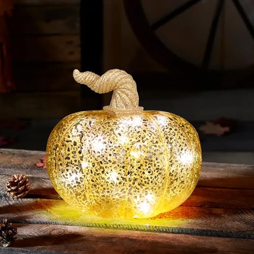 DETENE Herbstdeko Kürbis Deko Goldener Halloween Glas Kürbis Erntedank Künstliche Kürbisse für Herbst Ernte Thanksgiving Halloween Dekoration Tischdeko(Kreisförmig) von DETENE