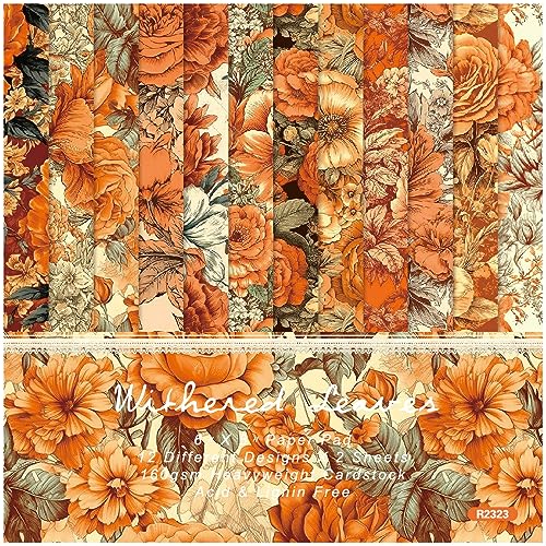 DETPWVWB Einseitiger Album-Hintergrund, Scrapbooking-Papier 6" x 6" Floral 48 Blatt einseitiges orangefarbenes Blumenmusterpapier, 12 Designs, for Basteln von Hintergrundkarten for Fotoalben von DETPWVWB