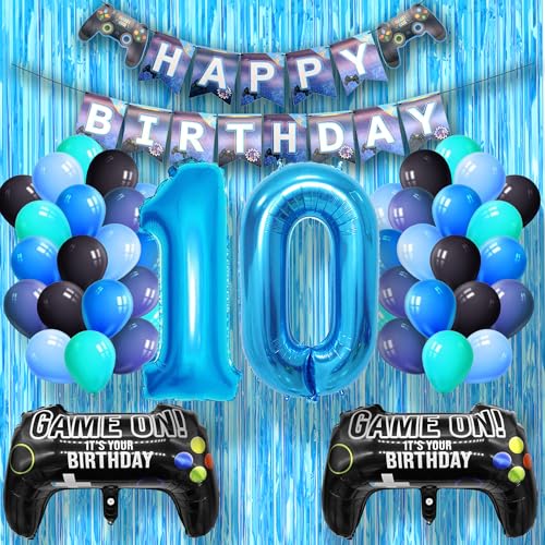 DEUXYU Geburtstagsdeko Junge 10 Jahr, Luftballons Geburtstag Junge Dekoration Zubehör Set mit Happy Birthday Banner für 10. Jahr Jungen Ballons Geburstag Deko, Videospiel Game Party von DEUXYU