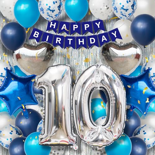 10. Geburtstagsdeko Jungen - Blau Silber Luftballon Set mit XXL Zahl 10, 40 Latexballons, 4 Folienballons, Silbervorhang & Happy Birthday Banner, Party Deko für 10 Jahre Jungen Geburtstag von DEUXYU