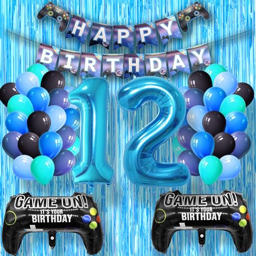 DEUXYU Geburtstagsdeko Junge 12 Jahr, Luftballons Geburtstag Junge Dekoration Zubehör Set mit Happy Birthday Banner für 12. Jahr Jungen Ballons Geburstag Deko, Videospiel Game Party von DEUXYU