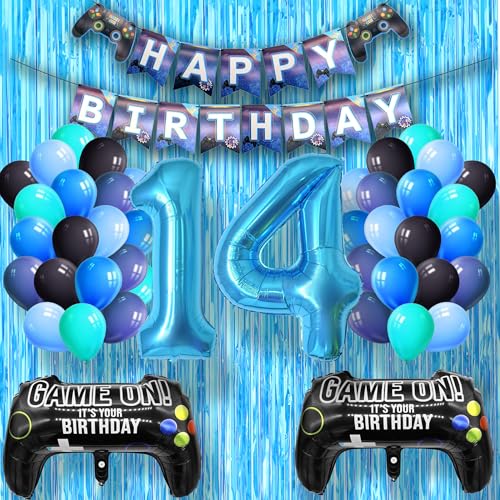 DEUXYU Geburtstagsdeko Junge 14 Jahr, Luftballons Geburtstag Junge Dekoration Zubehör Set mit Happy Birthday Banner für 14. Jahr Jungen Ballons Geburstag Deko, Videospiel Game Party von DEUXYU