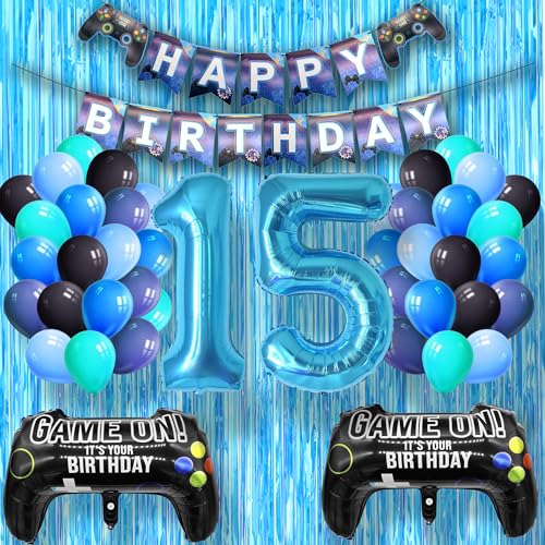 DEUXYU Geburtstagsdeko Junge 15 Jahr, Luftballons Geburtstag Junge Dekoration Zubehör Set mit Happy Birthday Banner für 15. Jahr Jungen Ballons Geburstag Deko, Videospiel Game Party von DEUXYU