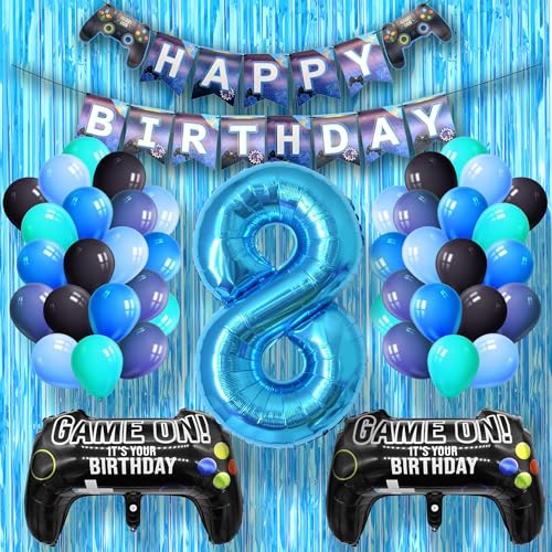 DEUXYU Geburtstagsdeko Junge 8 Jahr, Luftballons Geburtstag Junge Dekoration Zubehör Set mit Happy Birthday Banner für 8. Jahr Jungen Ballons Geburstag Deko, Videospiel Game Party von DEUXYU