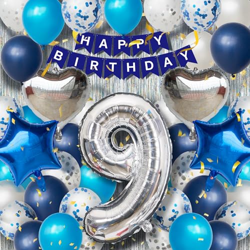 9. Geburtstagsdeko Jungen - Blau Silber Luftballon Set mit XXL Zahl 9, 40 Latexballons, 4 Folienballons, Silbervorhang & Happy Birthday Banner, Party Deko für 9 Jahre Jungen Geburtstag von DEUXYU