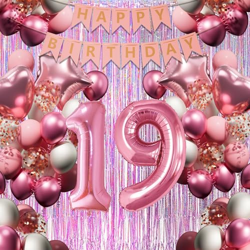 19. Geburtstagsdeko Mädchen, Rosa-Weiß Geburtstag Luftballons Set mit XXL Zahl 19, 40 Latexballons, 4 Folienballons, Rosavorhang & Happy Birthday Banner usw, Party Deko für 19-jährige Junge Frau von DEUXYU