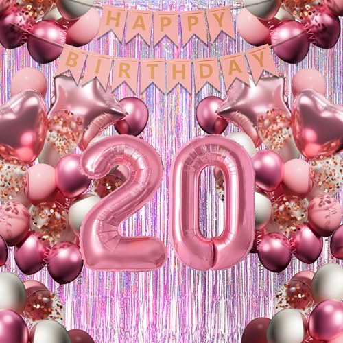 20. Geburtstagsdeko Mädchen, Rosa-Weiß Geburtstag Luftballons Set mit XXL Zahl 20, 40 Latexballons, 4 Folienballons, Rosavorhang & Happy Birthday Banner usw, Party Deko für 20-jährige Junge Frau von DEUXYU