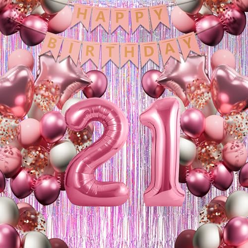 21. Geburtstagsdeko Mädchen, Rosa-Weiß Geburtstag Luftballons Set mit XXL Zahl 21, 40 Latexballons, 4 Folienballons, Rosavorhang & Happy Birthday Banner usw, Party Deko für 21-jährige Junge Frau von DEUXYU