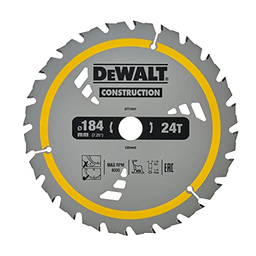 Dewalt Bau-Kreissägeblatt Construction für Akku-Handkreissäge DT1951 (184/20mm 24WZ, 18° Zahnwinkel, 1,5mm Schnittbreite, universell einsetzbar, mit Nail Tough zum Sägen von Holz mit Nägeln) von DEWALT