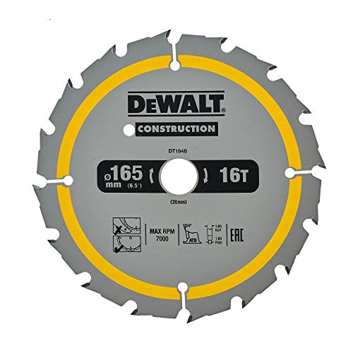 Dewalt Bau-Kreissägeblatt Construction für Akku-Handkreissäge DT1948 (165/20mm 16WZ, 20° Zahnwinkel, 1,5mm Schnittbreite, für schnelle Schnitte, mit Nail Tough zum Sägen von Holz mit Nägeln) von DEWALT