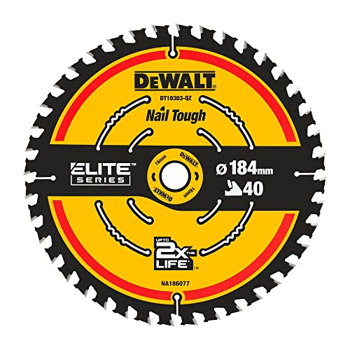 Dewalt Elite Kreissägeblatt DT10303 (Sägeblatt-ø 184/16 mm, Schnittbreite: 1,65 mm, 40 Zähne, Zahngeometrie: WZ, Zahnwinkel: 18°, ultra-scharfe Hartmetall-Zähne, mit Nail Tough, für feine Schnitte) von DEWALT