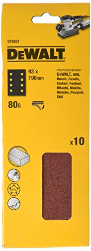 Dewalt Schleifpapier-Klettfix DT8621 (für Vibrationsschleifer, 93 x 190 mm, K80, gelocht, für alle Grund-, Zwischen und Endschliffanwendungen auf Holz Farben u. Lacke) 10 St. von DEWALT