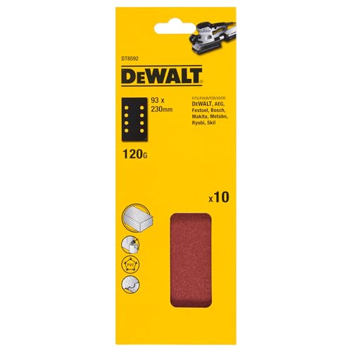 Dewalt Schleifpapier DT8592 (für Vibrationsschleifer, 93 x 230 mm, K120, gelocht, für alle Grund-, Zwischen und Endschliffanwendungen auf Holz Farben u. Lacke) 10 St. von DEWALT