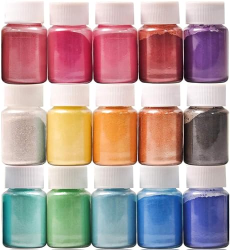 Dewel Mica Pulver 15 Farben* 10ml Set Epoxidharz Farbe Metallic Pigmentpulver für Lipgloss,DIY, Epoxidharz, Seifen, Kerze, Schleim, Kosmetik von DEWEL