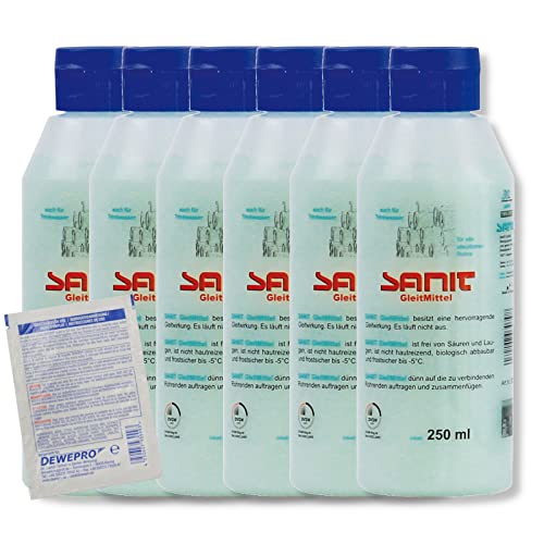 DEWEPRO-Set: SANIT GleitMittel (3079) - 6 Flaschen à 250ml - DVGW-zertifiziert - das perfekte Gleitmittel zur Montage aller Rohrverbindungen, inkl. 1 St. DEWEPRO® Single Scrubs von DEWEPRO