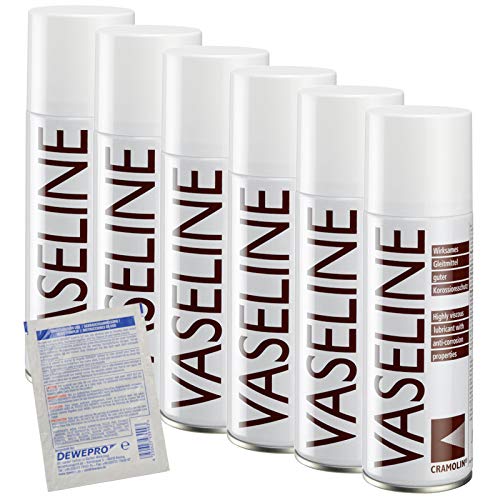 VASELINE - VPE: 6 x 200ml Spraydose - universelles hochreines Gleitmittel - ITW Cramolin - 1141411 - weißes, säurefreies Korrosionsschutzmittel, inkl. 1 St. DEWEPRO® SingleScrubs von DEWEPRO