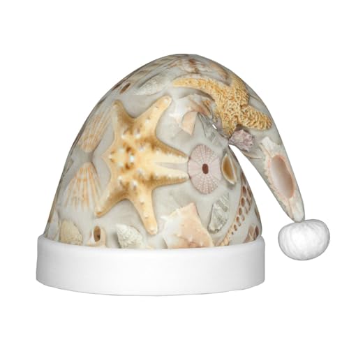 DEXNEL Muscheln Seestern auf weißem Sand Weihnachtsmannmützen für Unisex Jugendliche Weihnachten Neujahr Weihnachten Party Supplies Urlaub Geschenke von DEXNEL