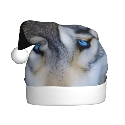 DFEPFKGOKL Blaue Augen Wolf – Klassische Weihnachtsmütze für Erwachsene – weicher Plüsch, Weihnachtsmannmütze, Weihnachtsfeiertags-Dekoration von DFEPFKGOKL