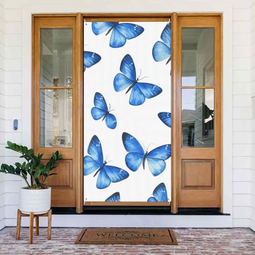 DFJMASFKOL Blaue Schmetterlinge, Türabdeckung, dekoriertes Banner, Aquarell, Schmetterling, Türabdeckungen, dekoratives Zubehör für Sommer, Urlaub, Partyzubehör, 90 x 185 cm von DFJMASFKOL