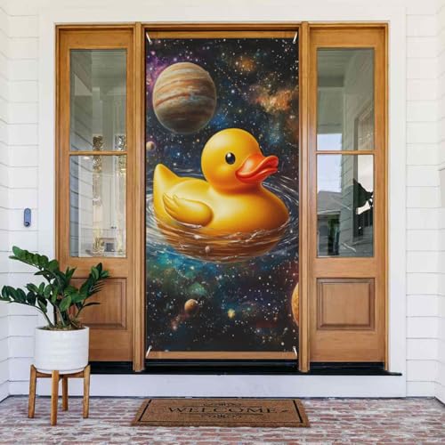 DFJMASFKOL Gelbe Ente Türabdeckung Weltraumente Türabdeckung Dekoriertes Banner Galaxie Ente Türabdeckungen Dekoratives Zubehör für Bauernhaus Indoor Outdoor Dekorationen 90 x 185 cm von DFJMASFKOL