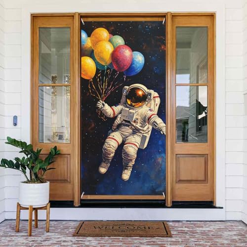 DFJMASFKOL Raumtürabdeckung, Astronauten-Türabdeckung, dekoriertes Banner, bunte Luftballons, Türabdeckungen, dekoratives Zubehör für Haustür, Urlaub, Frühlings- und Sommerparty, 90 x 185 cm von DFJMASFKOL