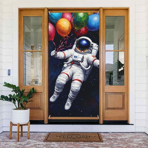 DFJMASFKOL Raumtürabdeckung, Astronauten-Türabdeckung, dekoriertes Banner, bunte Luftballons, Türabdeckungen, dekoratives Zubehör für Thanksgiving, Outdoor-Dekoration, 90 x 185 cm von DFJMASFKOL