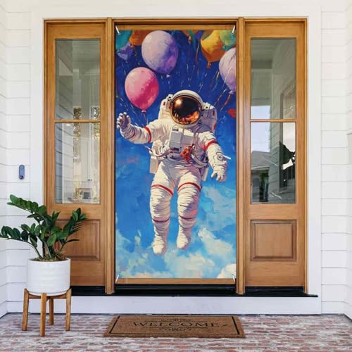 DFJMASFKOL Raumtürabdeckung, Astronauten-Türabdeckung, dekoriertes Banner, bunte Luftballons, Türabdeckungen, dekoratives Zubehör für Urlaub, Party, Innen- und Außenbereich, 90 x 185 cm von DFJMASFKOL