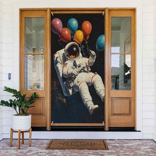 DFJMASFKOL Raumtürabdeckung, dekoriertes Banner, Astronauten-Türabdeckungen, dekoratives Zubehör, bunte Luftballons, Türabdeckung für Bauernhaus, Innen- und Außenbereich, 90 x 185 cm von DFJMASFKOL