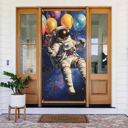 DFJMASFKOL Raumtürabdeckung, dekoriertes Banner, Astronauten-Türabdeckungen, dekoratives Zubehör, bunte Luftballons, Türabdeckung für drinnen und draußen, Heimdekoration, 90 x 185 cm von DFJMASFKOL